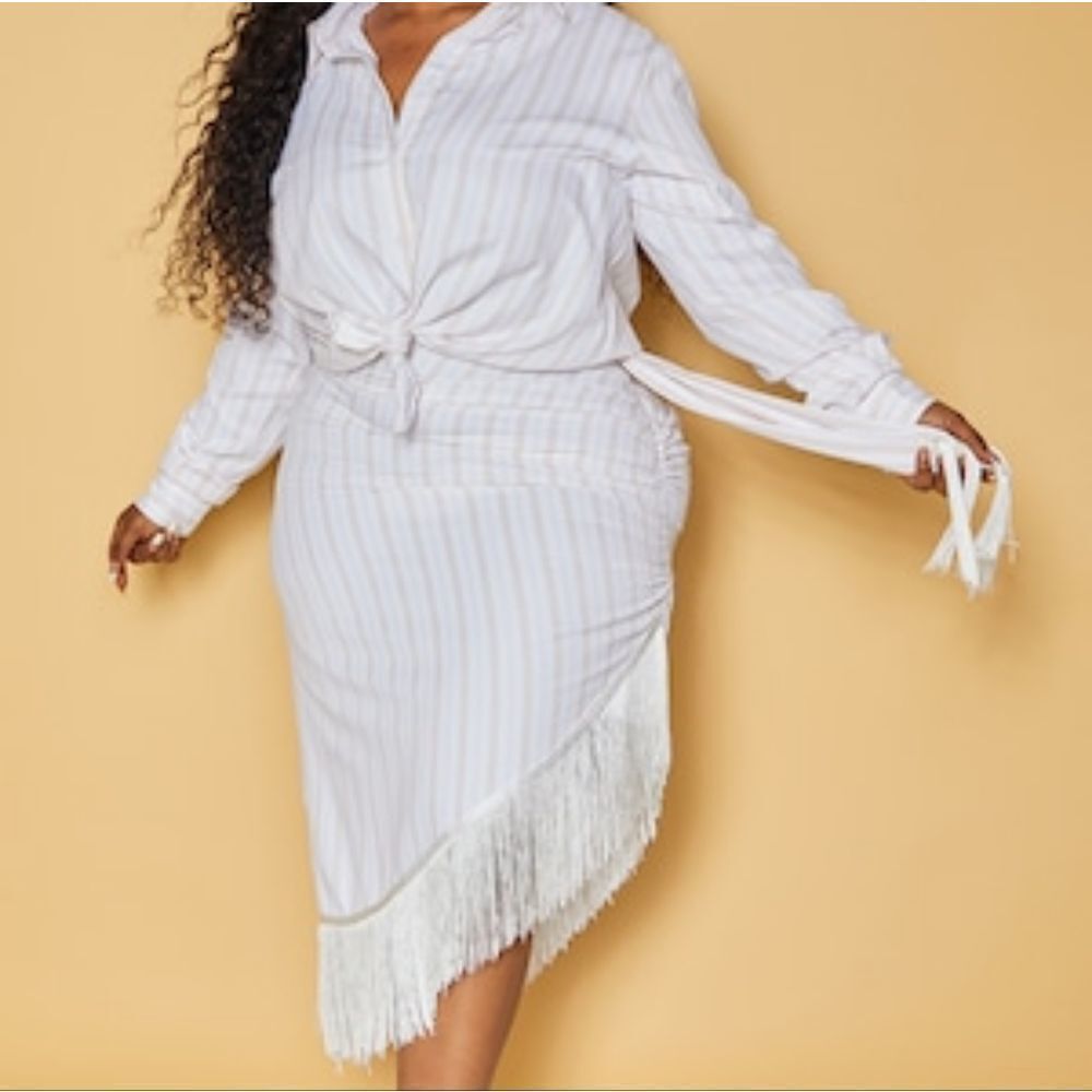 Prettylittlething Plus White Stripe Textured Tassel Drape Midi Skirt Size 16 NWT
